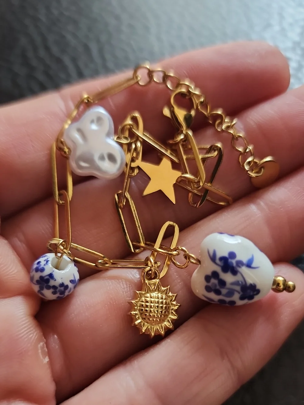 Gold Tone Stainless Steel Chain Bracelet with Blue Floral Porcelain Charms